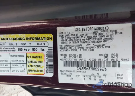 2013 Ford Fusion Se from USA, damaged, VIN 3FA6P0H7XDR222676